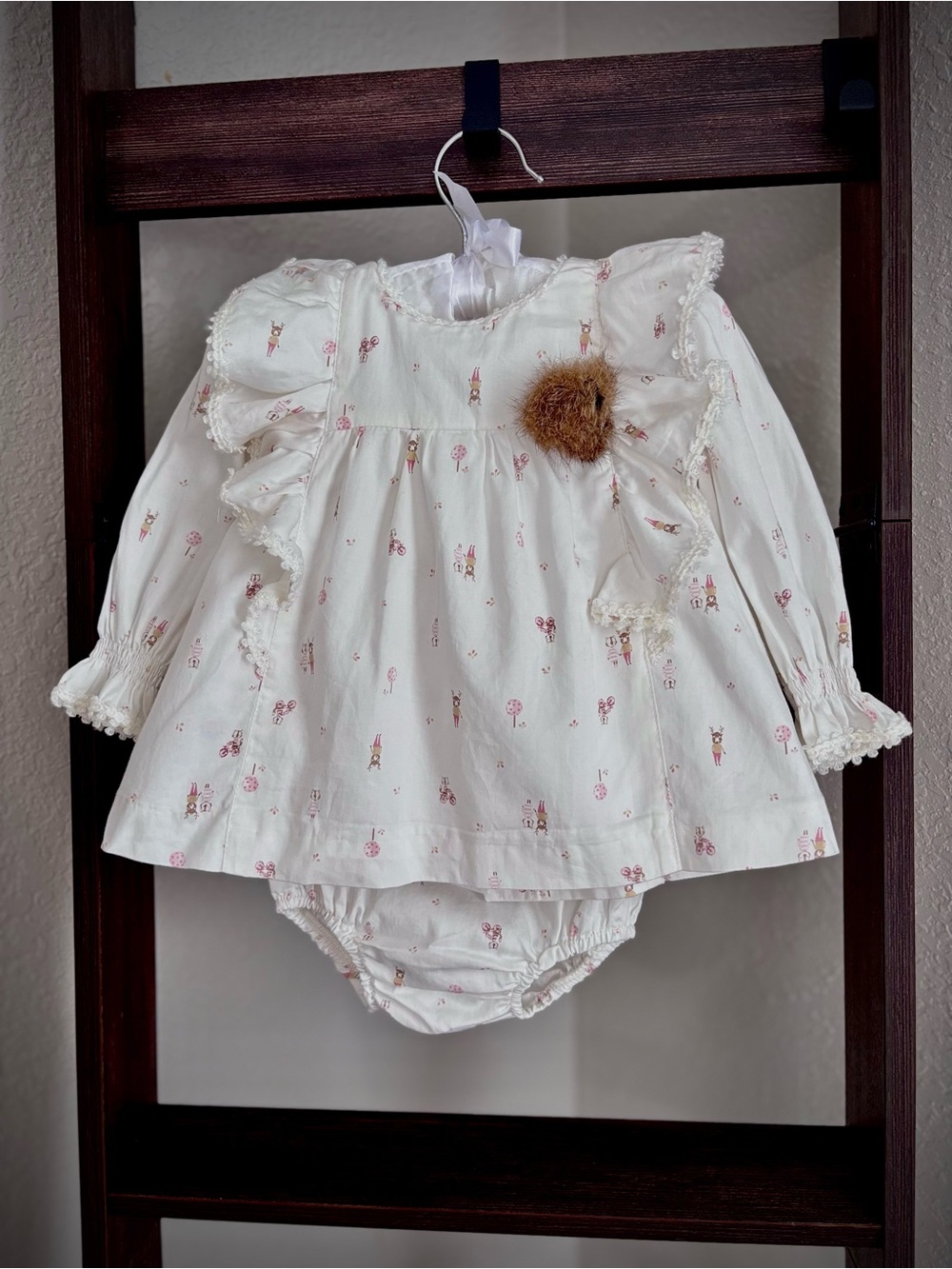 Cream Floral Ruffle Dress with Matching Diaper Cover
